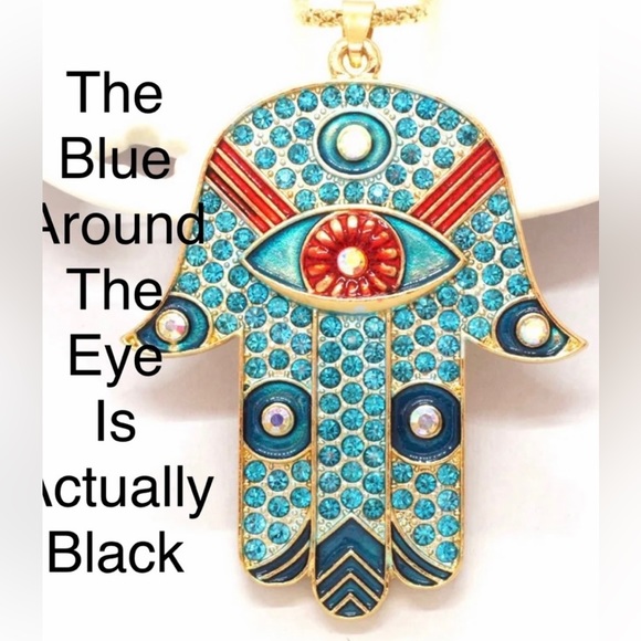 Hamsa Eye Red & Blue Enamel & Crystal Crystal Necklace NEW - Picture 3 of 5